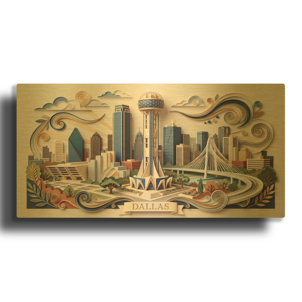 'Paper Cut Dallas Skyline II' By Veve Gold Metal Wall Art