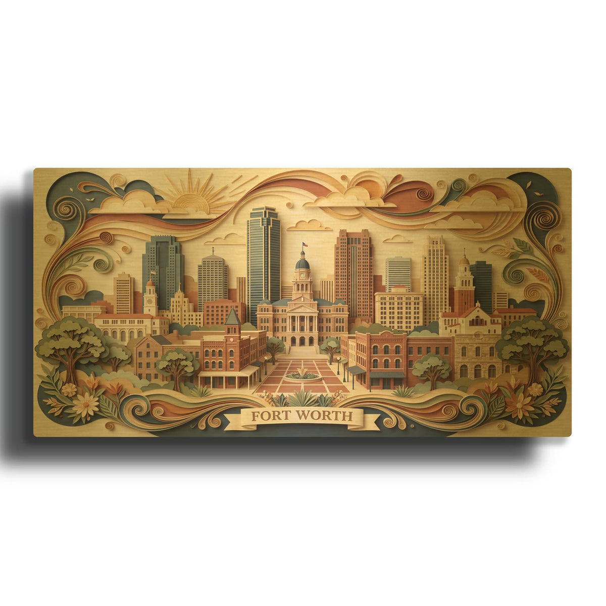 'Paper Cut Day Sun Fort Worth Texas Skyline' By Veve Gold Metal Wall Art