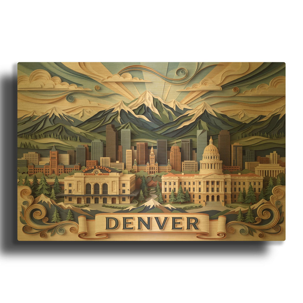 'Paper Cut Denver Skyline' By Veve Gold Metal Wall Art