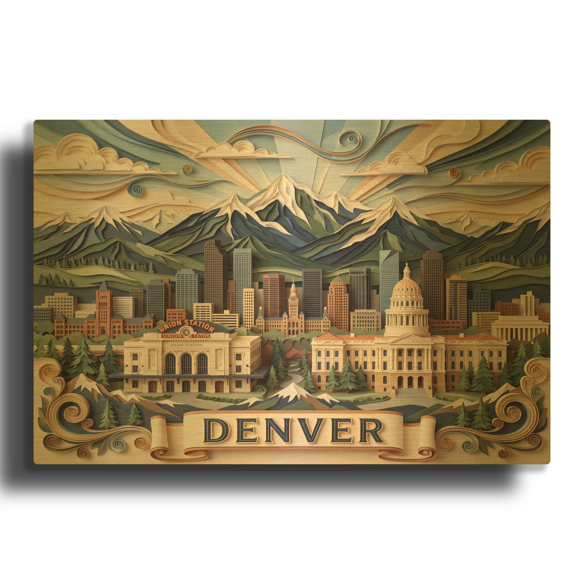 'Paper Cut Denver Skyline' By Veve Gold Metal Wall Art