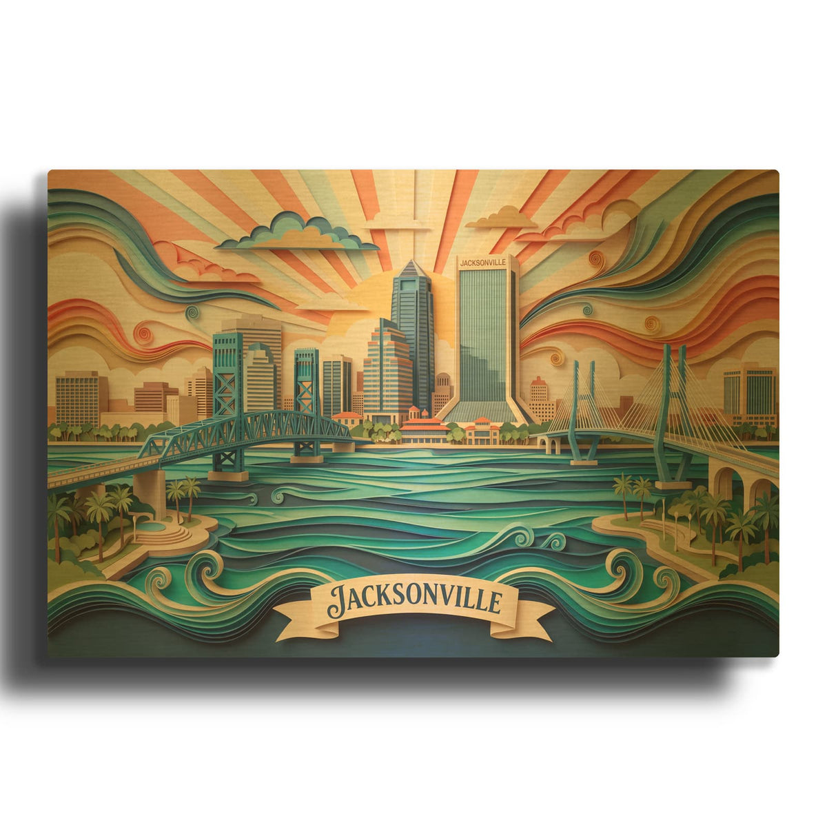 'Paper Cut Jacksonville Florida Skyline' By Veve Gold Metal Wall Art