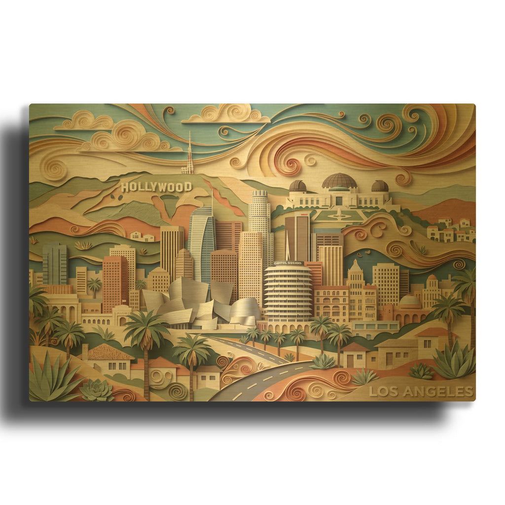 'Paper Cut Los Angeles Skyline' By Veve Gold Metal Wall Art