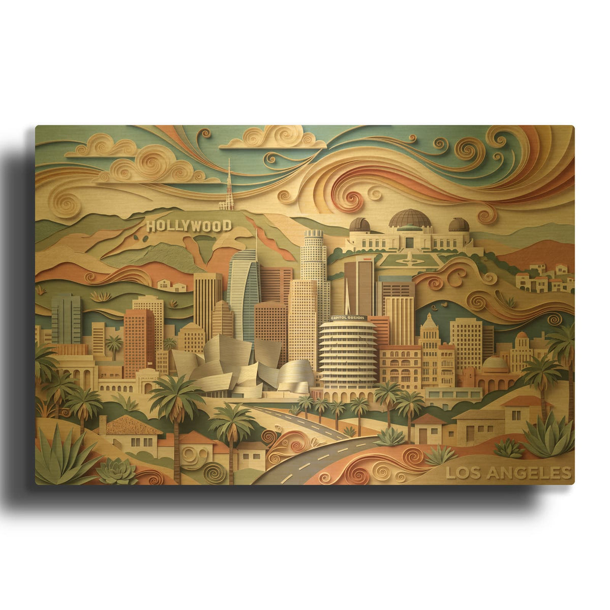 'Paper Cut Los Angeles Skyline' By Veve Gold Metal Wall Art