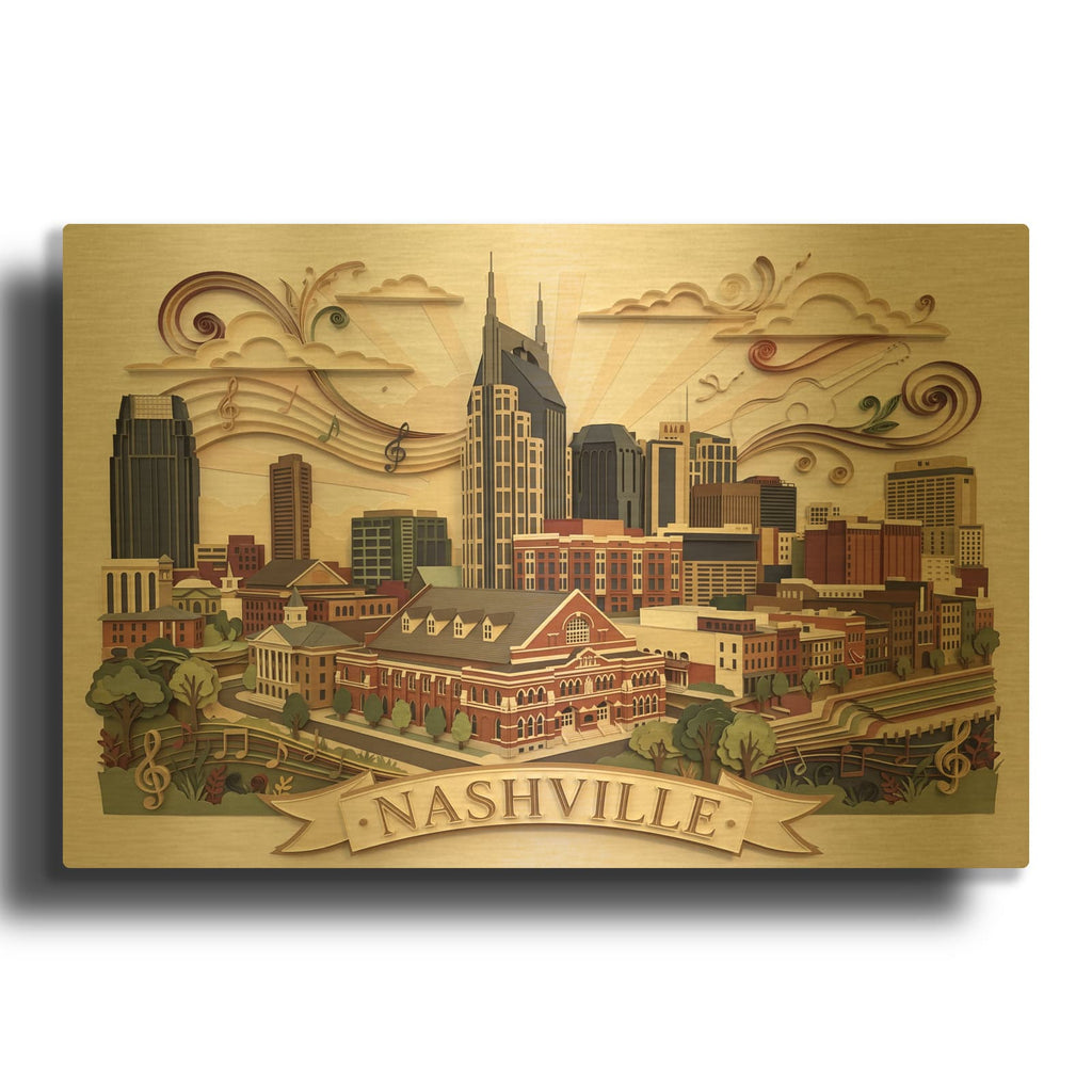 'Paper Cut Nashville' By Veve Gold Metal Wall Art