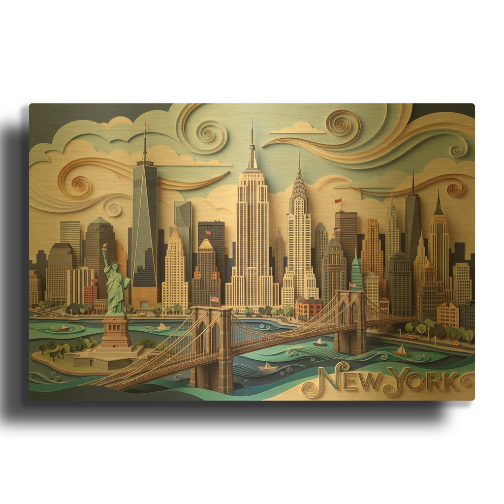'Paper Cut New York Skyline I' By Veve Gold Metal Wall Art