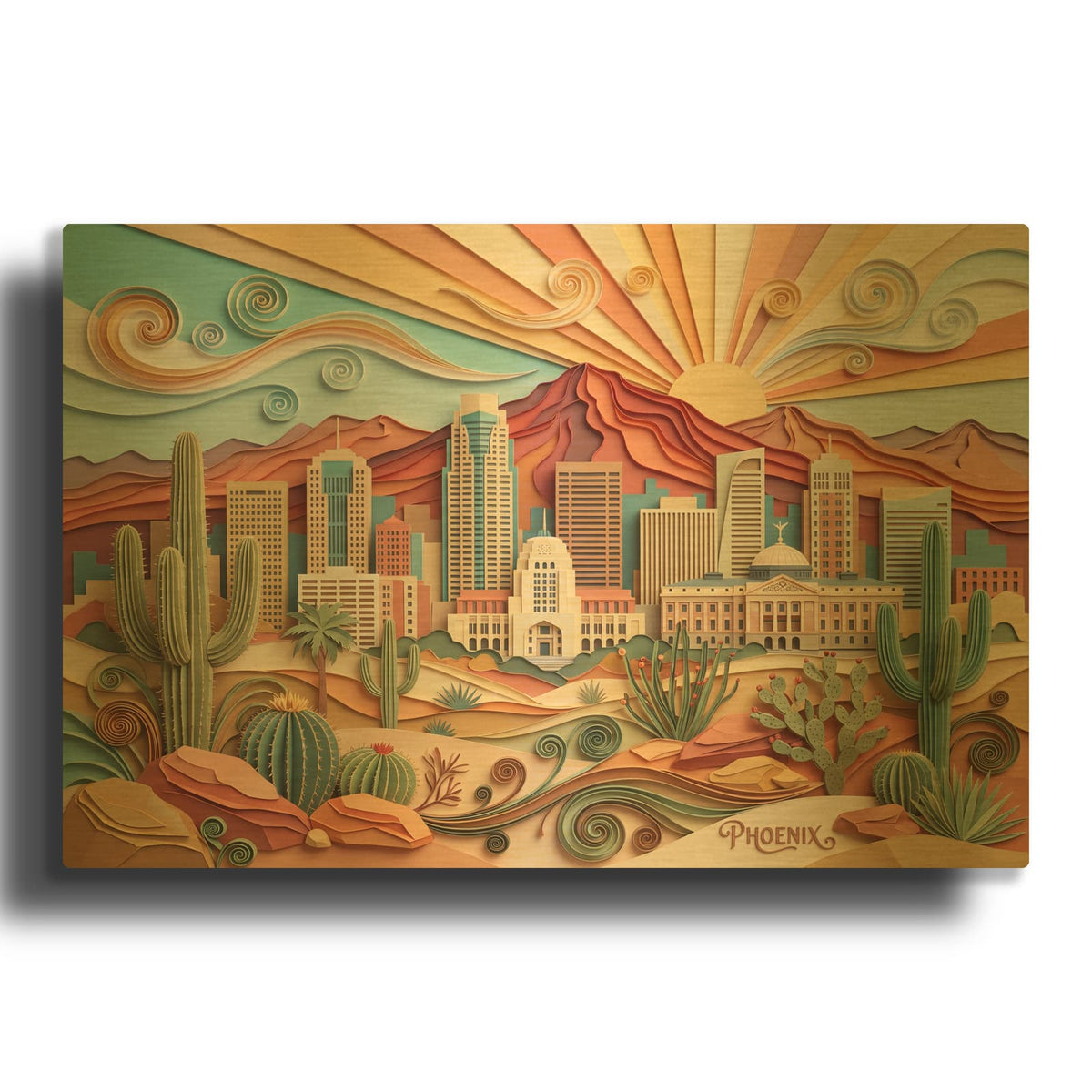 'Paper Cut Phoenix Arizona Desert Art I' By Veve Gold Metal Wall Art