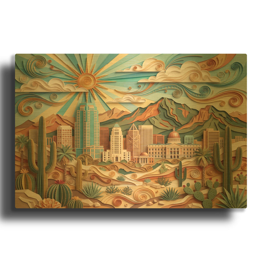 'Paper Cut Phoenix Arizona Desert Art II' By Veve Gold Metal Wall Art