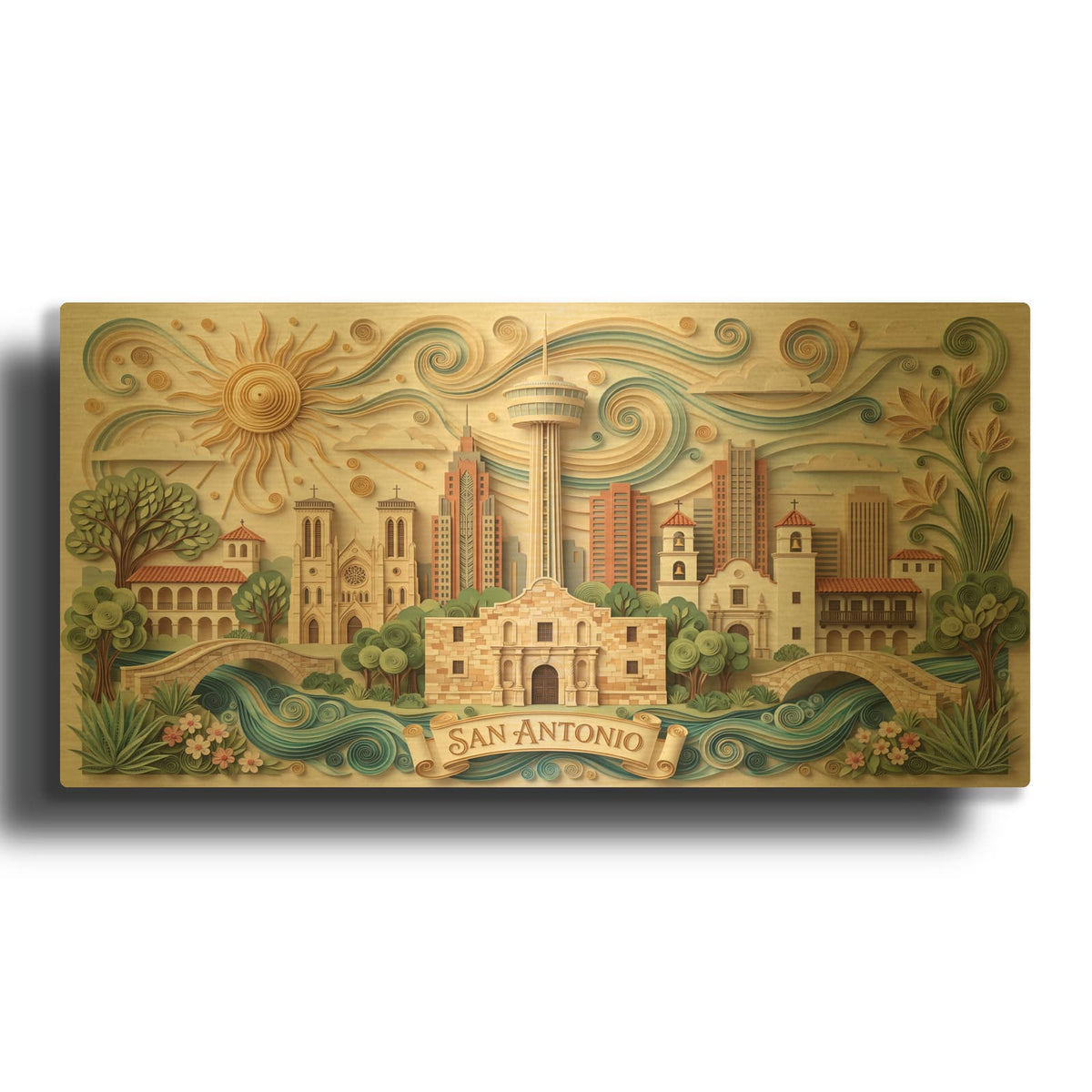 'Paper Cut San Antonio Skyline' By Veve Gold Metal Wall Art
