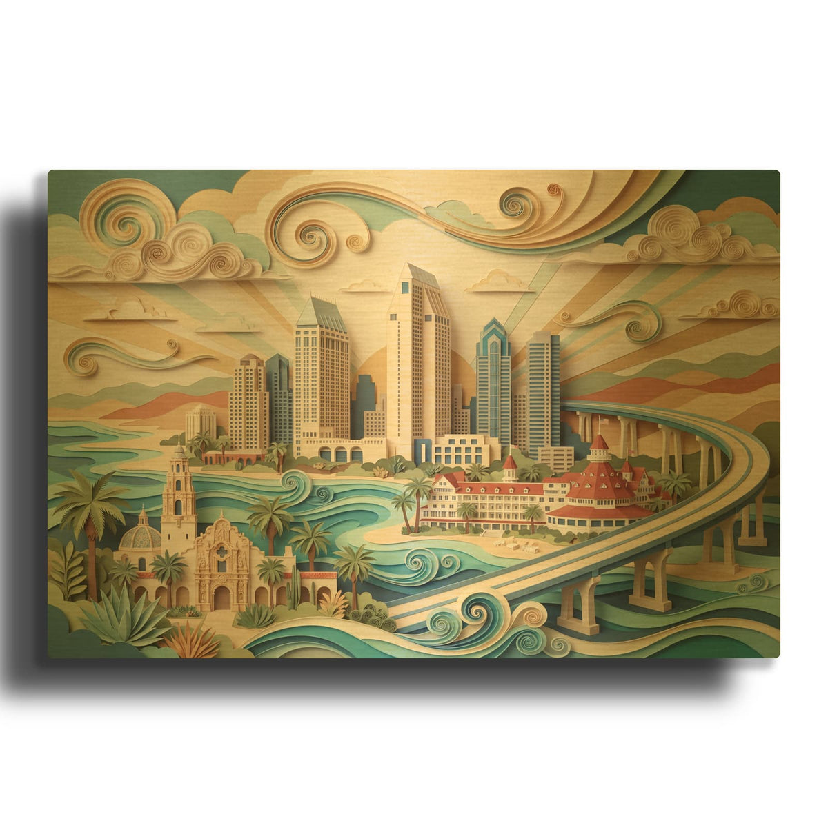 'Paper Cut San Diego Skyline' By Veve Gold Metal Wall Art