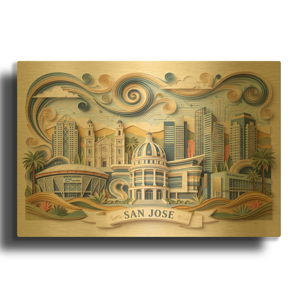 'Paper Cut San Jose Skyline I' By Veve Gold Metal Wall Art