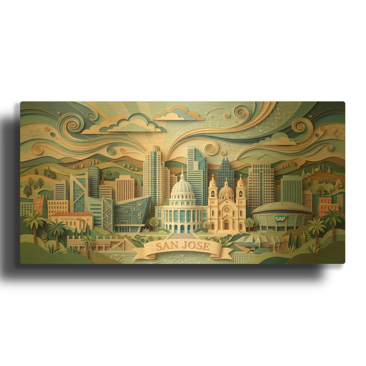 'Paper Cut San Jose Skyline II' By Veve Gold Metal Wall Art