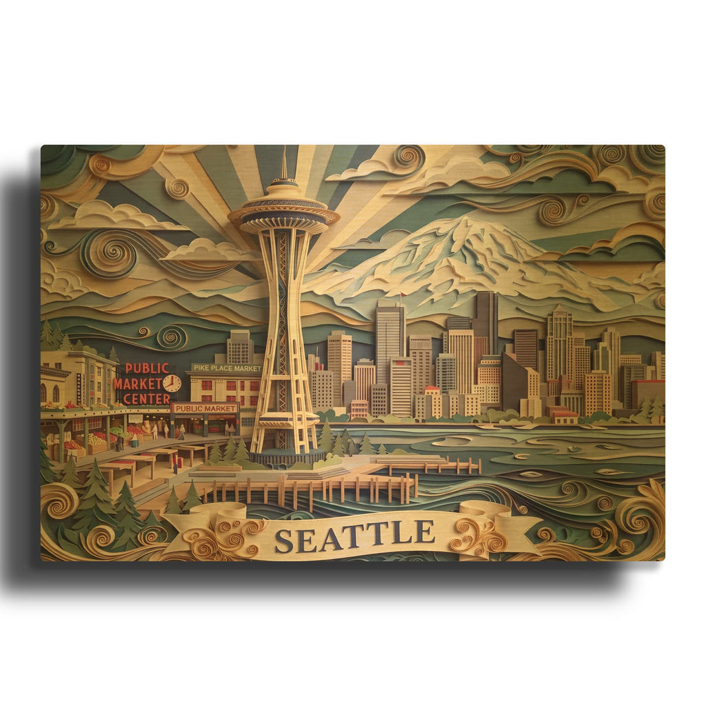 'Paper Cut Seattle Skyline' By Veve Gold Metal Wall Art