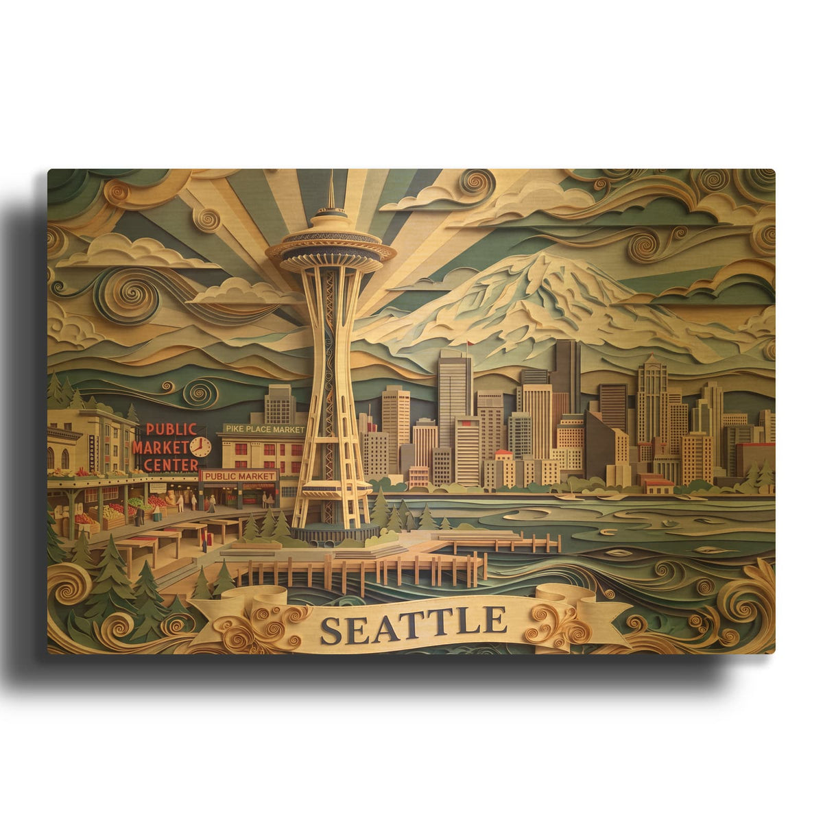 'Paper Cut Seattle Skyline' By Veve Gold Metal Wall Art