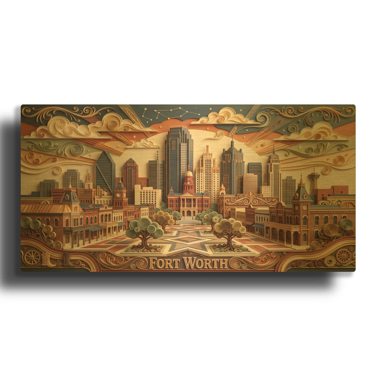 'Paper Cut Starry Night Fort Worth Texas Skyline' By Veve Gold Metal Wall Art