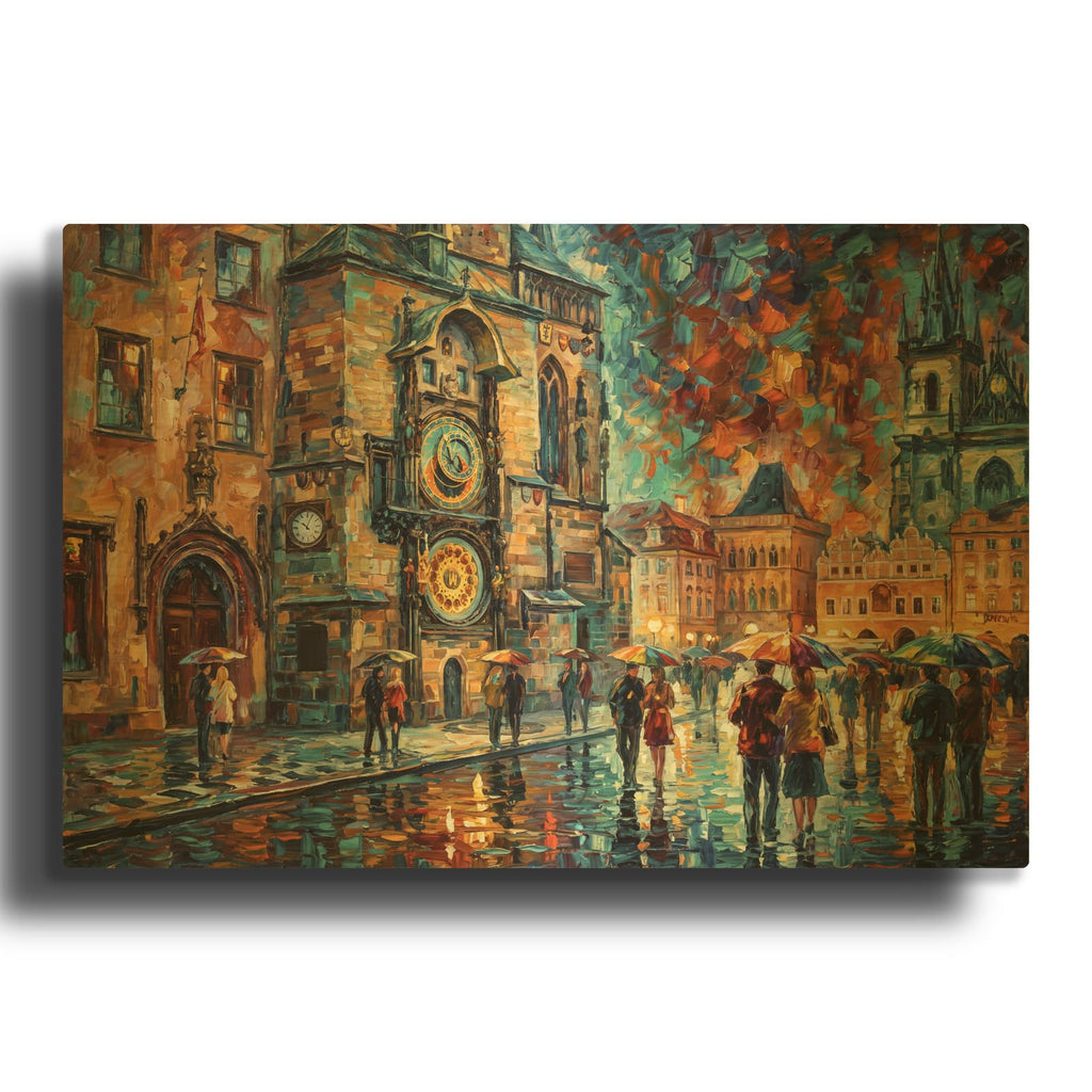 'Prague Astronomical Clock on a Rainy Day' By Veve Gold Metal Wall Art