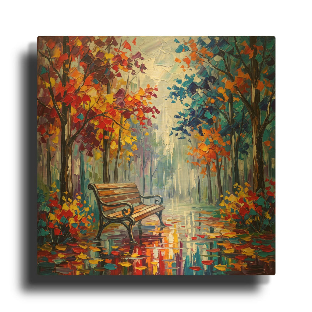 'Rainy Autumn Bench in Colorful Forest' By Veve Gold Metal Wall Art