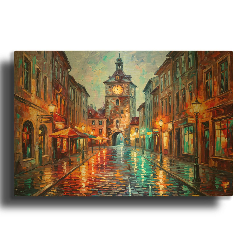 'Rainy Cafe Street' By Veve Gold Metal Wall Art
