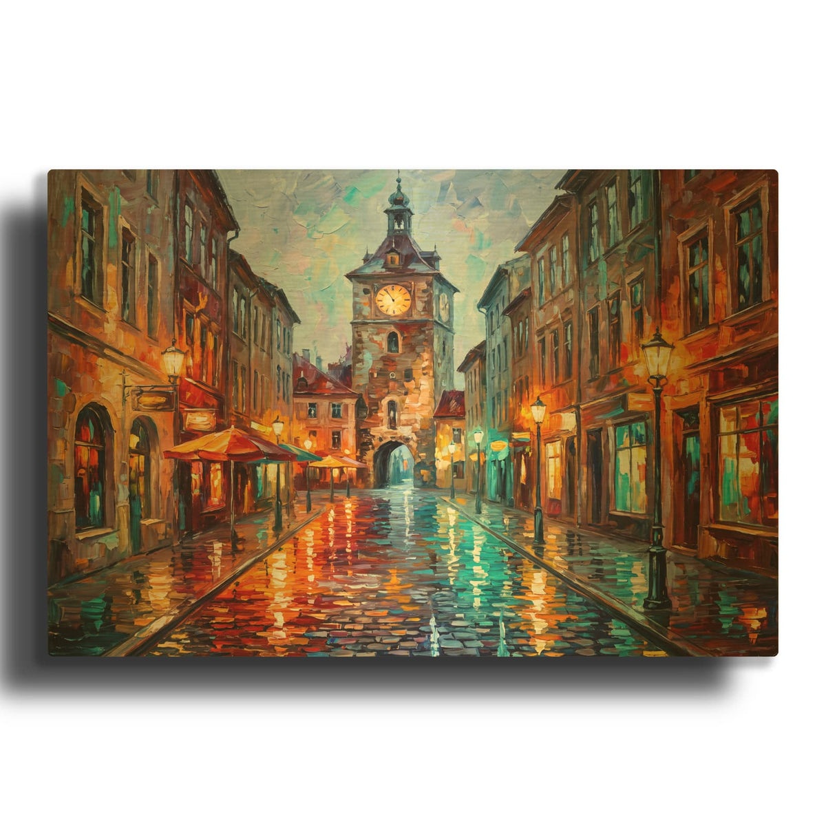 'Rainy Cafe Street' By Veve Gold Metal Wall Art