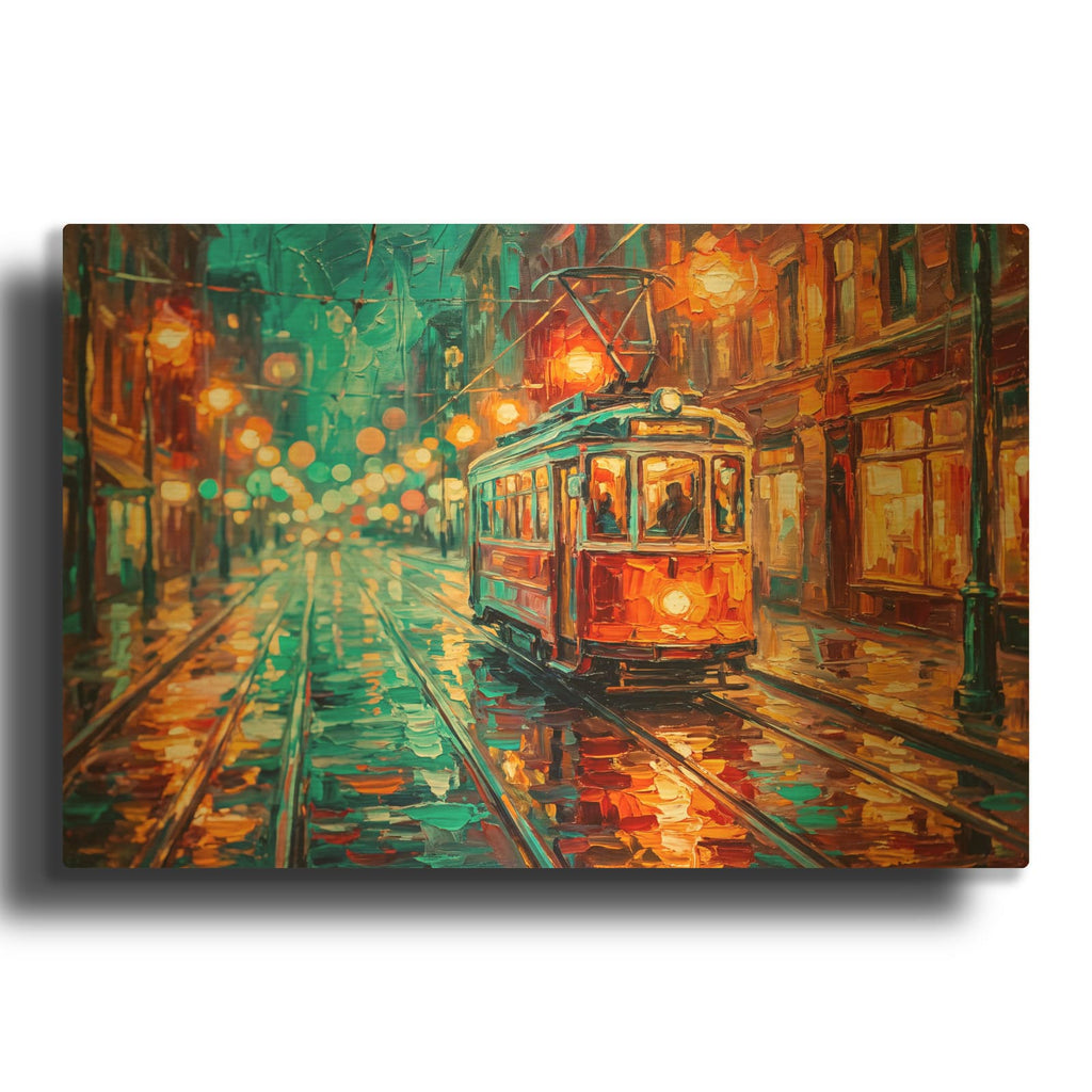 'Rainy Tram Ride' By Veve Gold Metal Wall Art