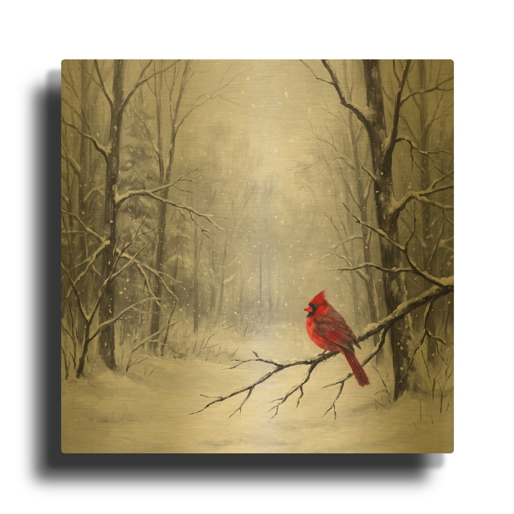 'Red Cardinal in Snowy Winter Forest' By Veve Gold Metal Wall Art