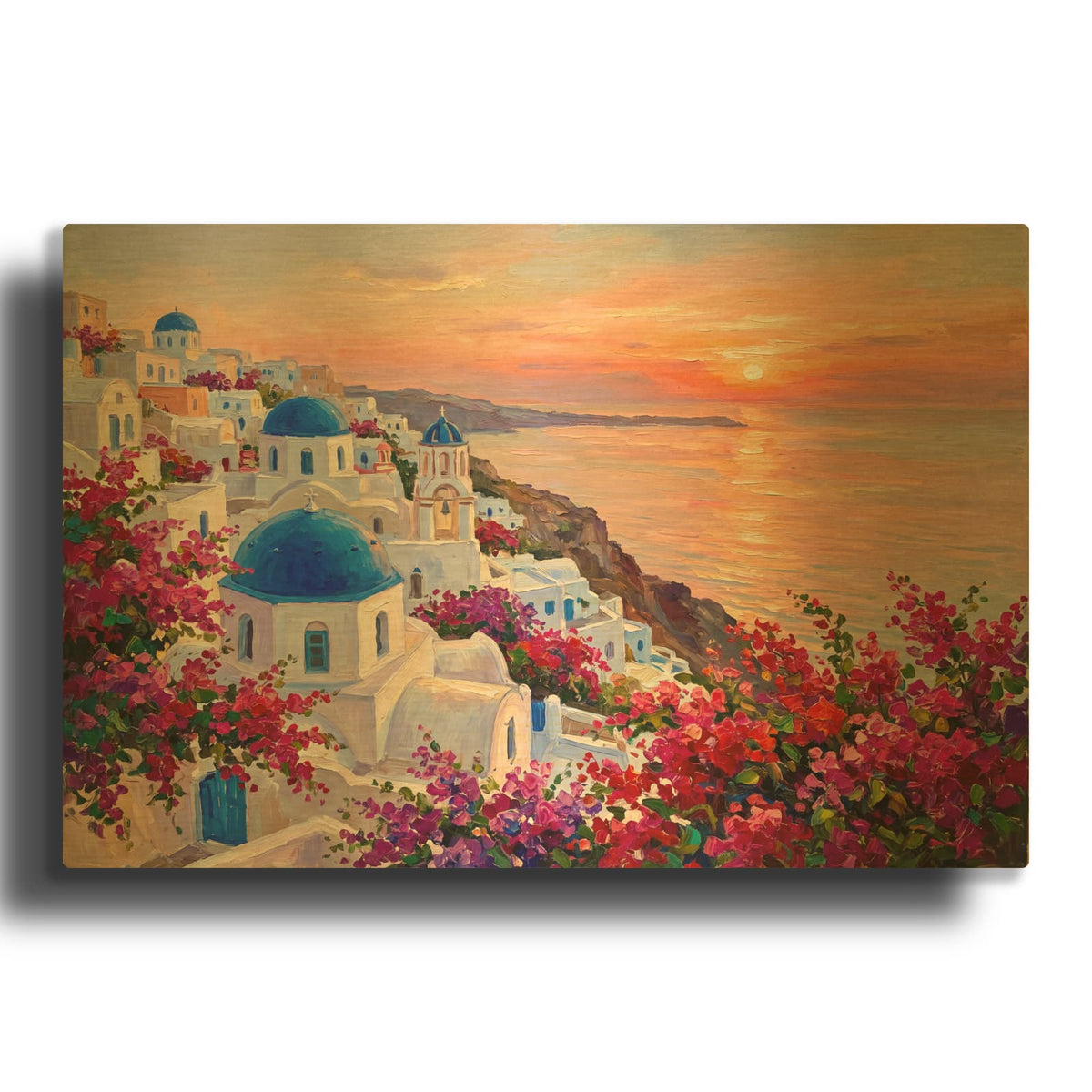'Santorini Sunset in Bloom' By Veve Gold Metal Wall Art