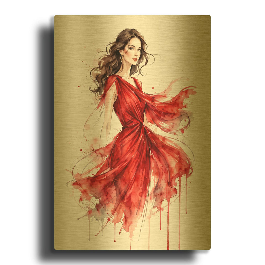 'Scarlet in Motion' By Veve Gold Metal Wall Art