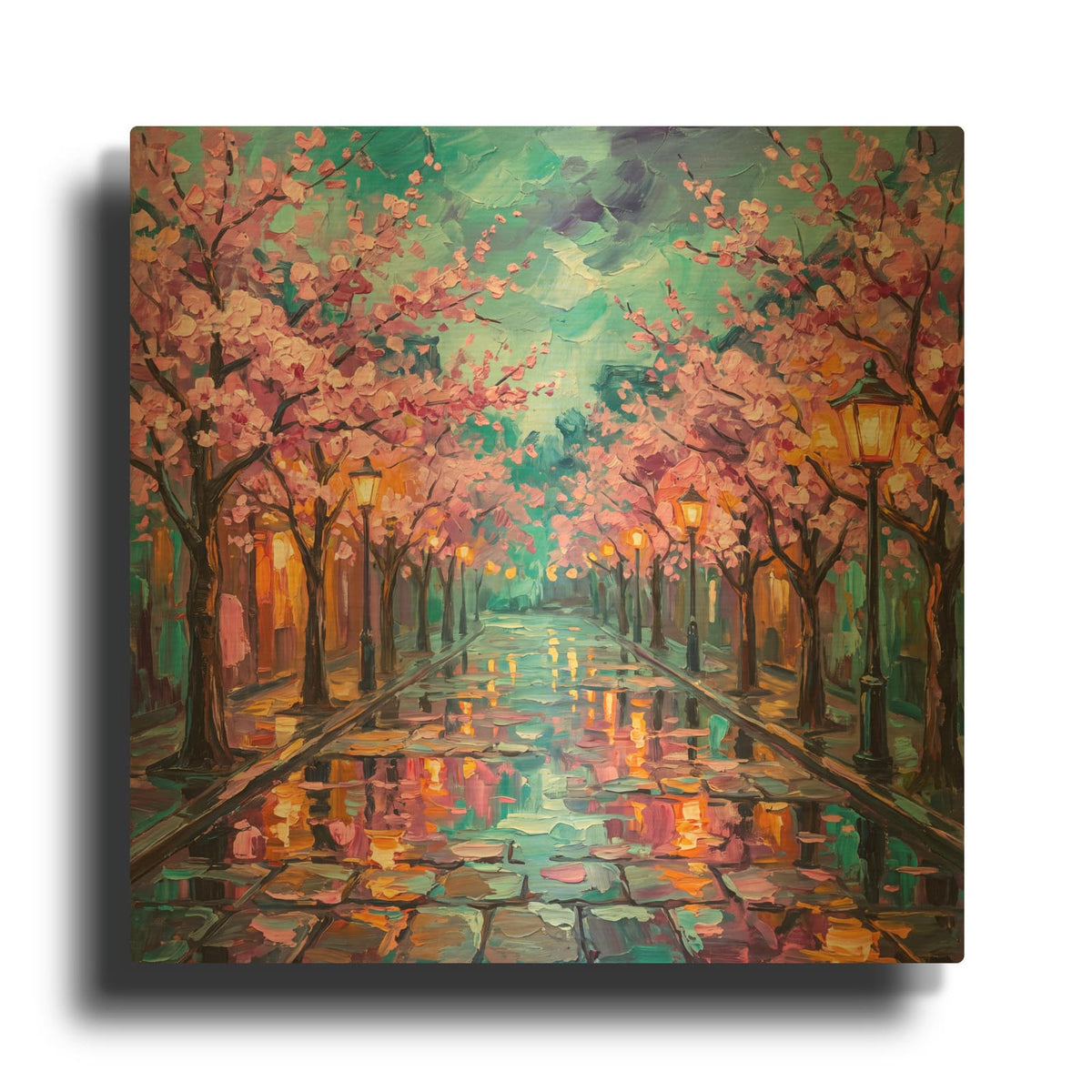 'Spring Cherry Blossom Alley - Rainy Reflection' By Veve Gold Metal Wall Art
