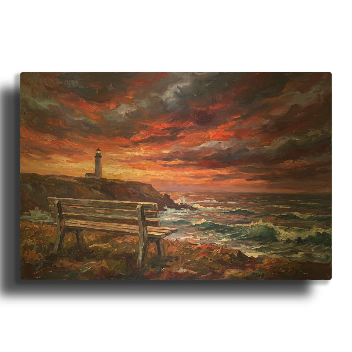 'Storm Watch - Lighthouse Bench' By Veve Gold Metal Wall Art