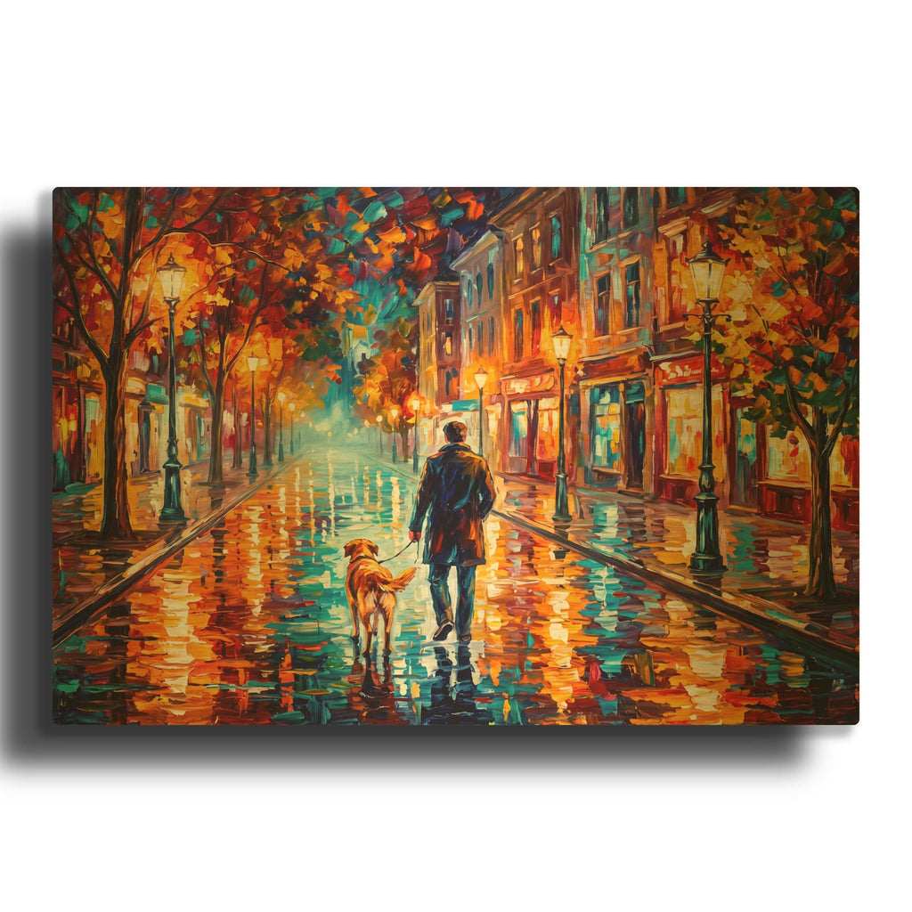 'The Dog Walker on Amber Street' By Veve Gold Metal Wall Art