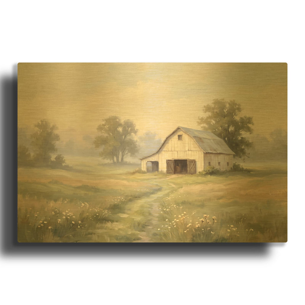 'The White Barn - Misty Morning' By Veve Gold Metal Wall Art