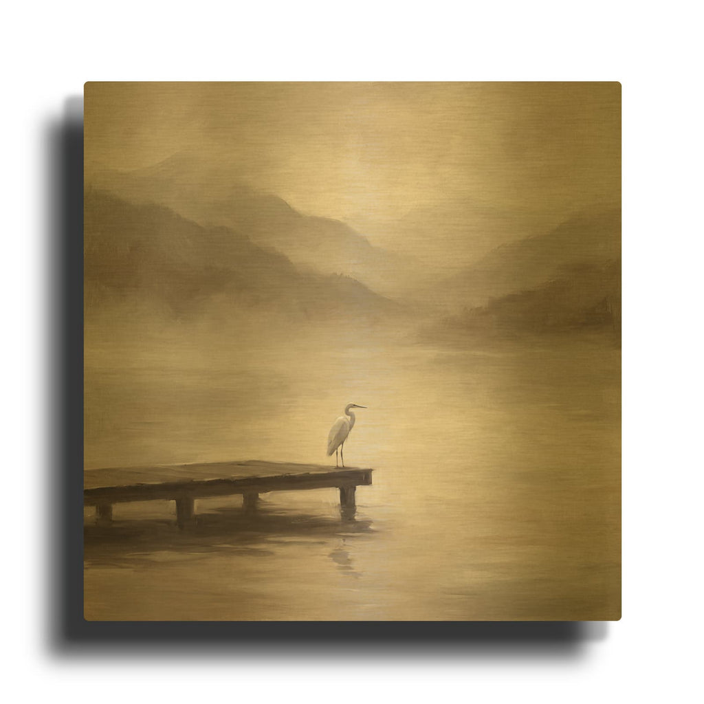 'White Heron in the Mist' By Veve Gold Metal Wall Art