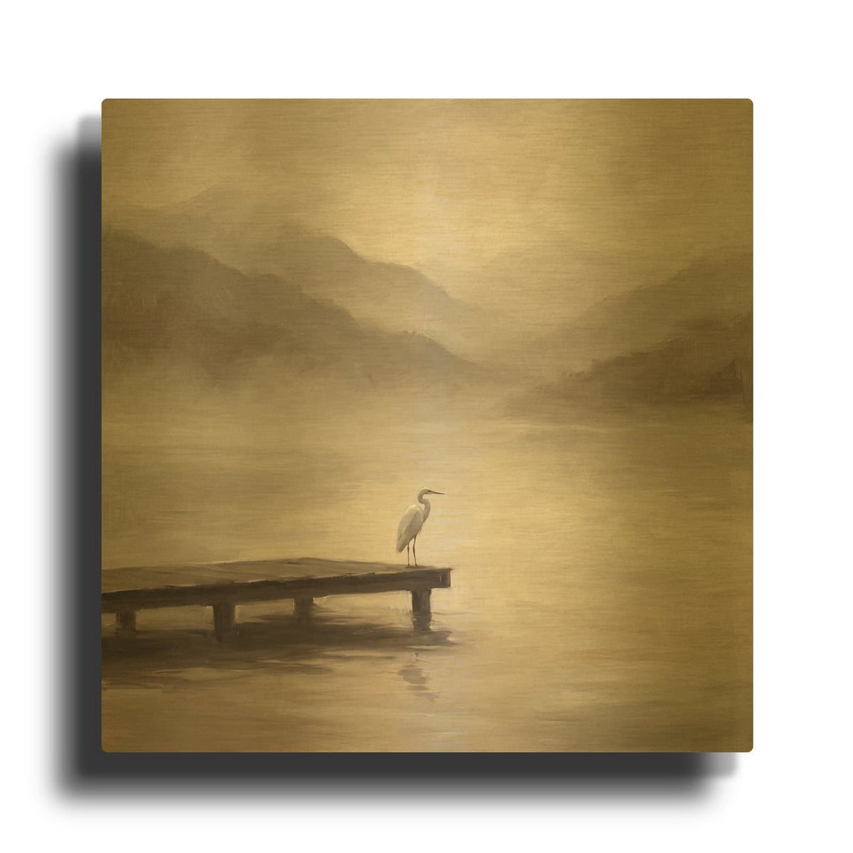 'White Heron in the Mist' By Veve Gold Metal Wall Art