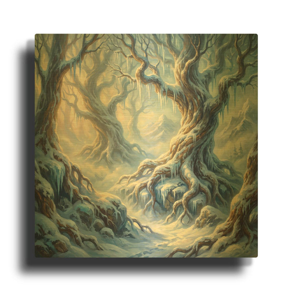'Winter Frost Forest with Snowy Trees' By Veve Gold Metal Wall Art