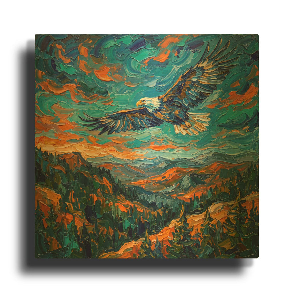 'Freedom Flight - Eagle Over Sunset Peaks' By Veve Gold Metal Wall Art