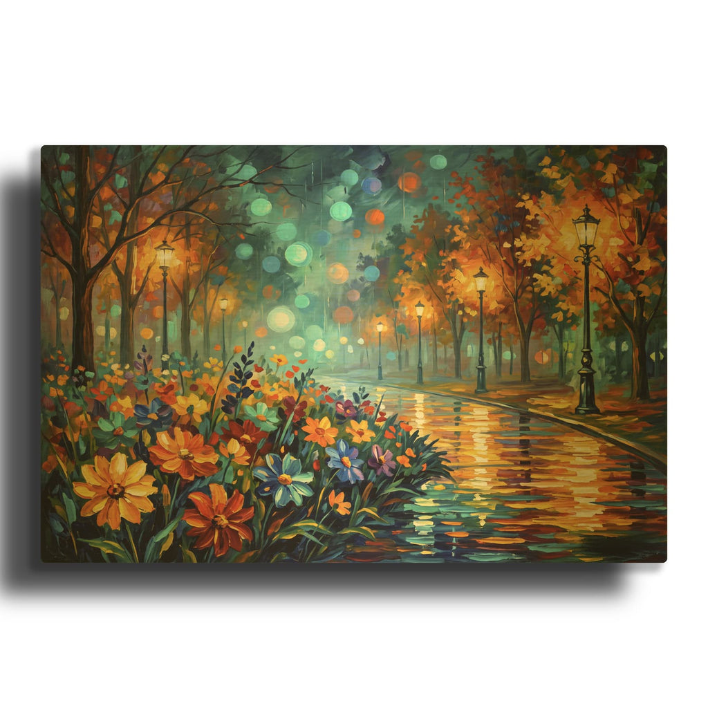 'Lantern Light Through the Flower Park' By Veve Gold Metal Wall Art