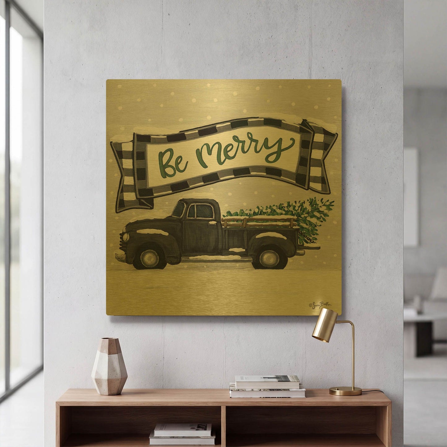 'Be Merry Truck' By Sara Baker Gold Metal Wall Art