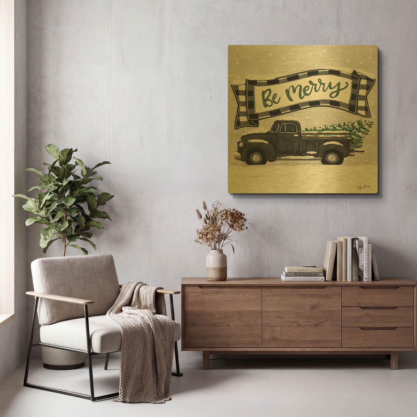 'Be Merry Truck' By Sara Baker Gold Metal Wall Art