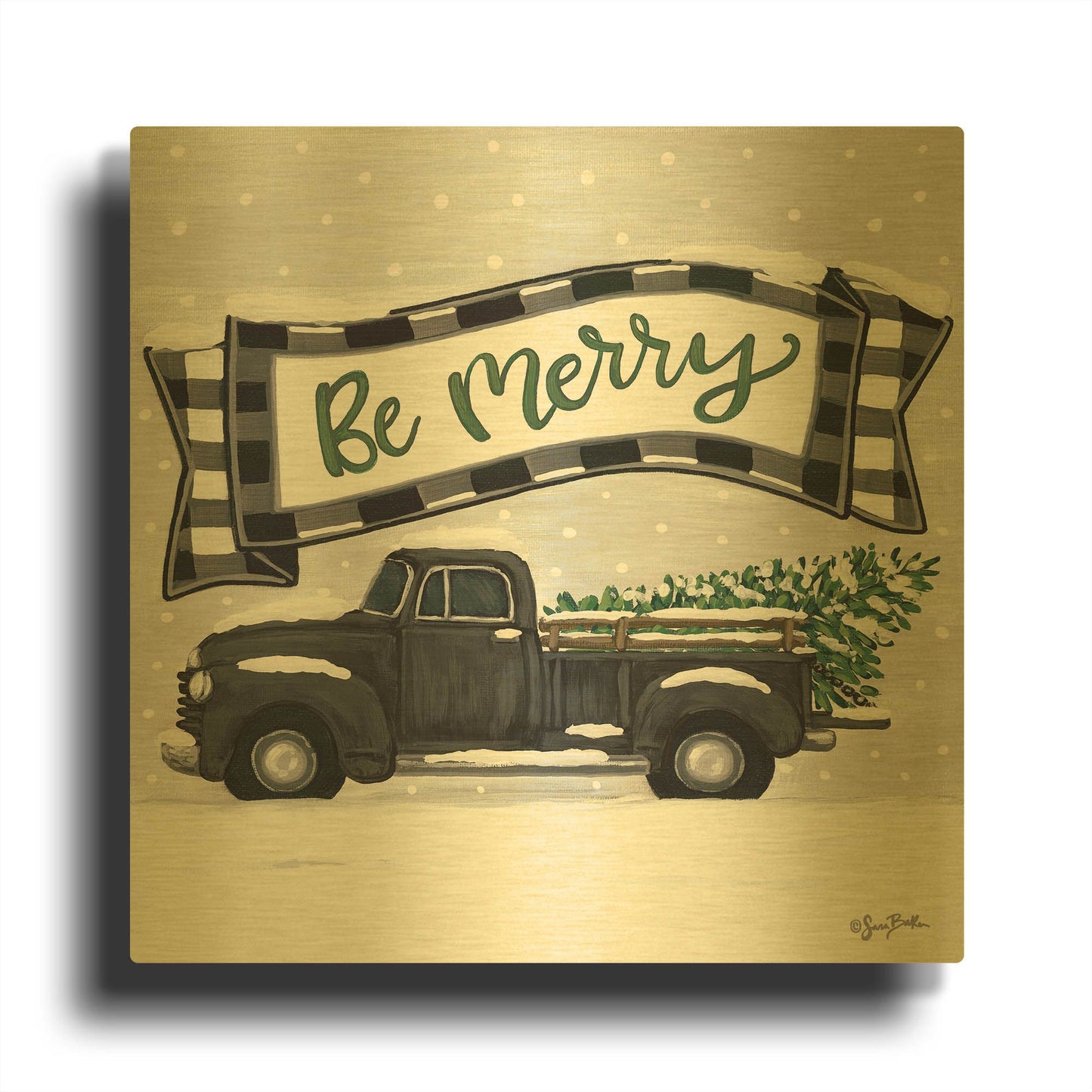 'Be Merry Truck' By Sara Baker Gold Metal Wall Art