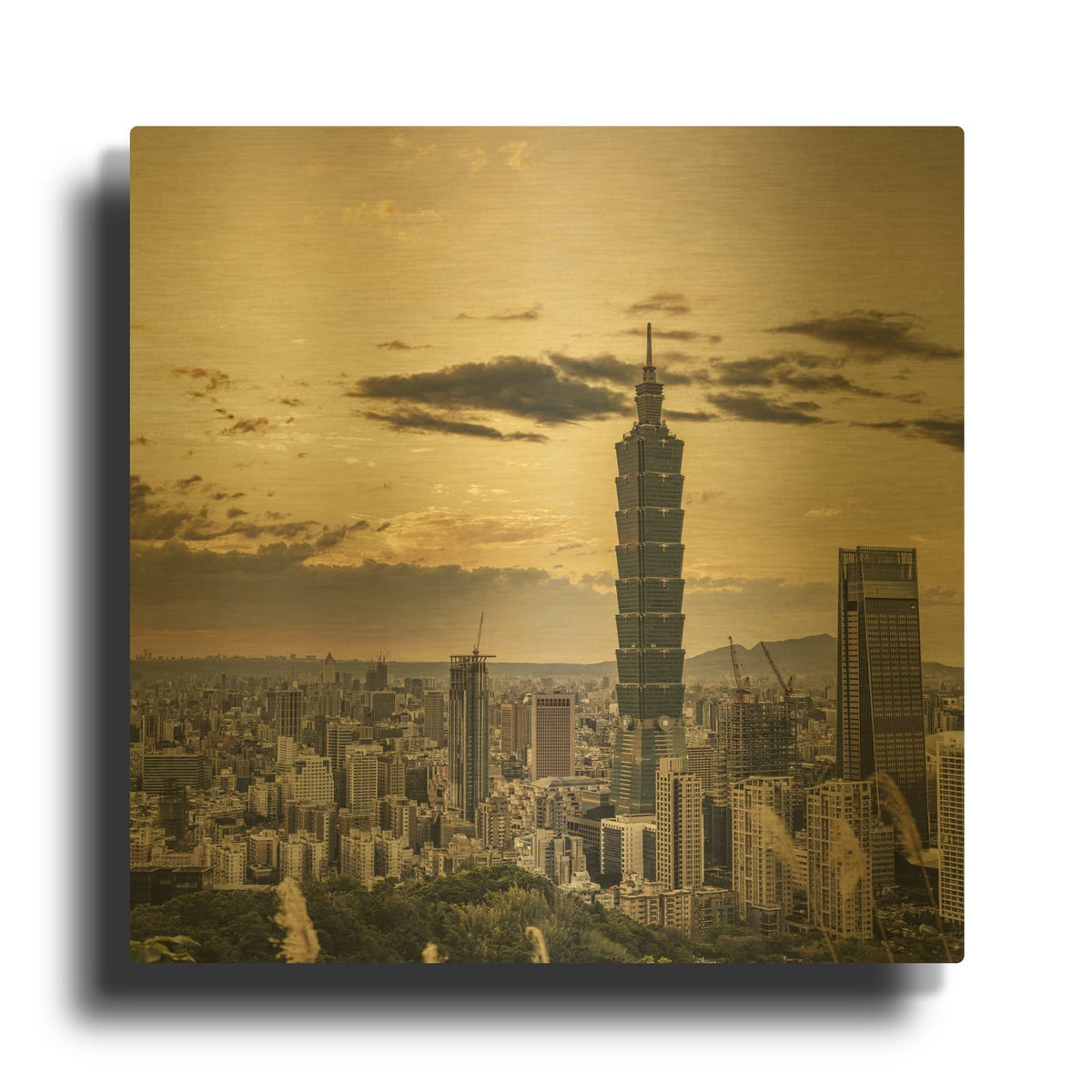 'Taipei 101 - Gold Sunset over the City' Gold Metal Wall Art