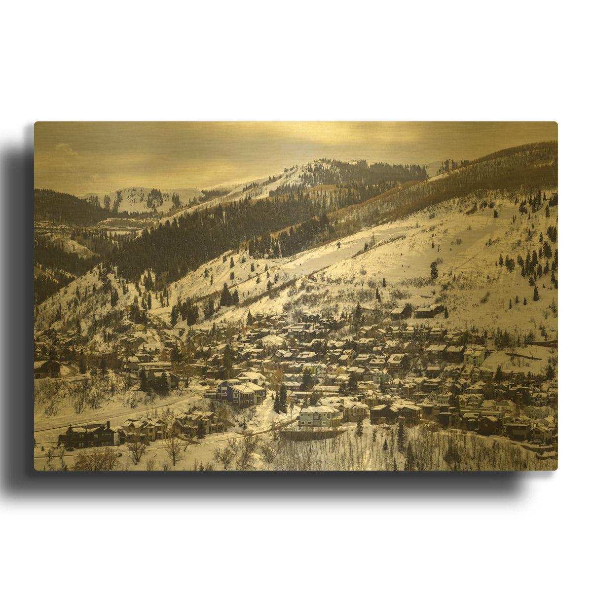 'Park City - Historic Old Town in Snow' Gold Metal Wall Art