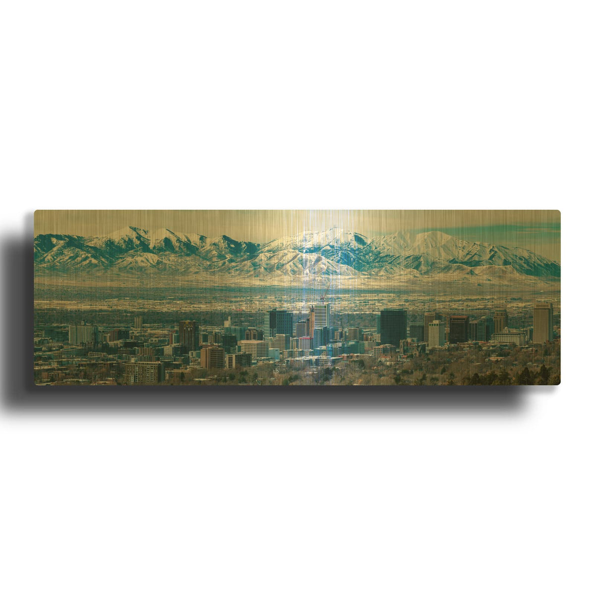 'Salt Lake City - Panorama with Snow Mountains' Gold Metal Wall Art