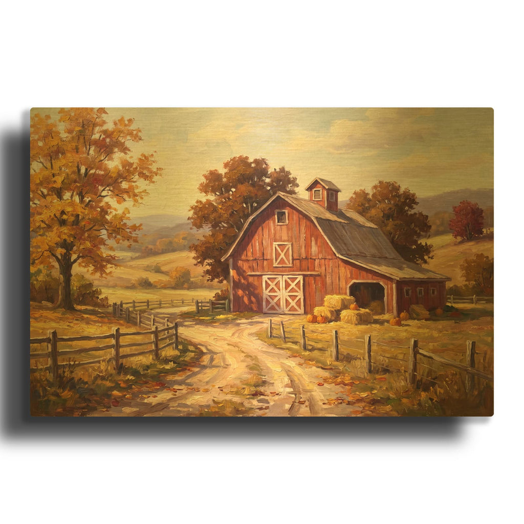 'Autumn at the Red Barn' By Veve Gold Metal Wall Art