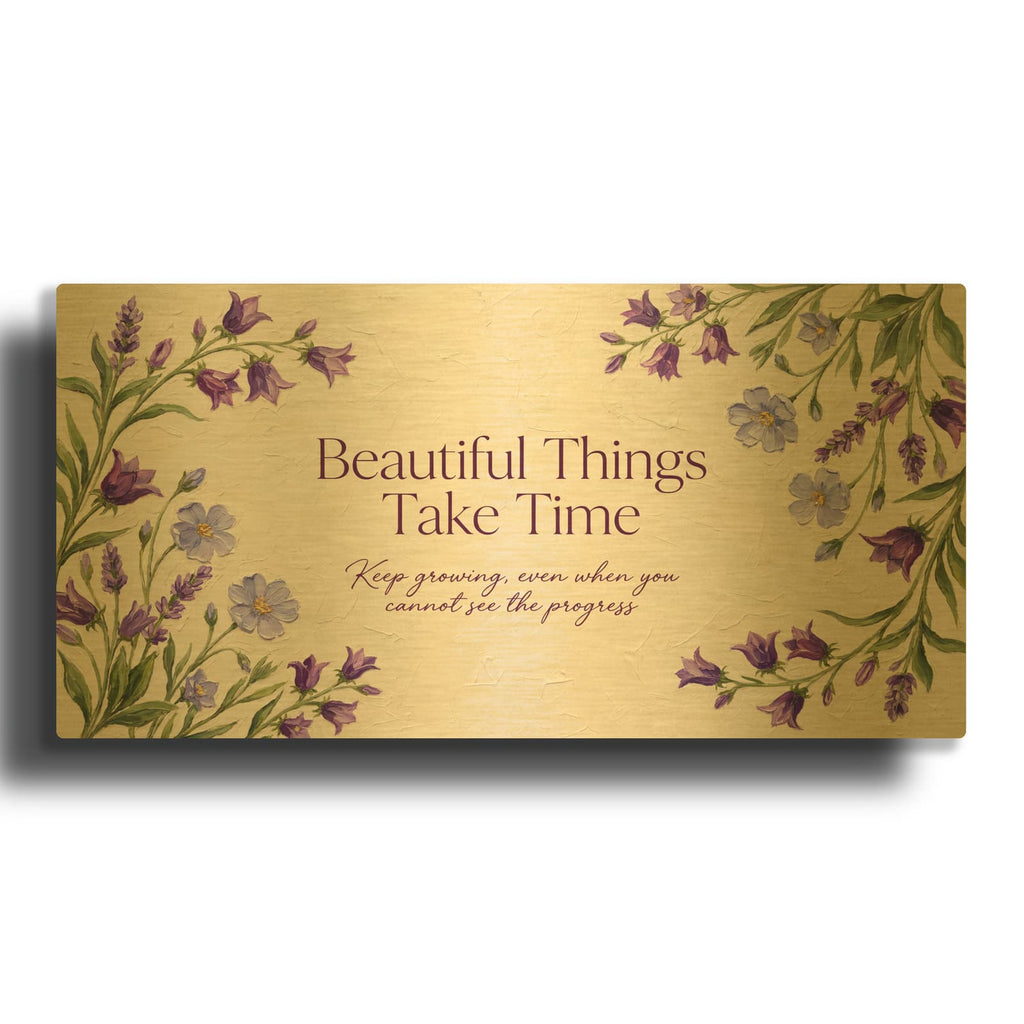 'Beautiful Things Take Time - Purple Wildflower Inspirational' By Veve Gold Metal Wall Art