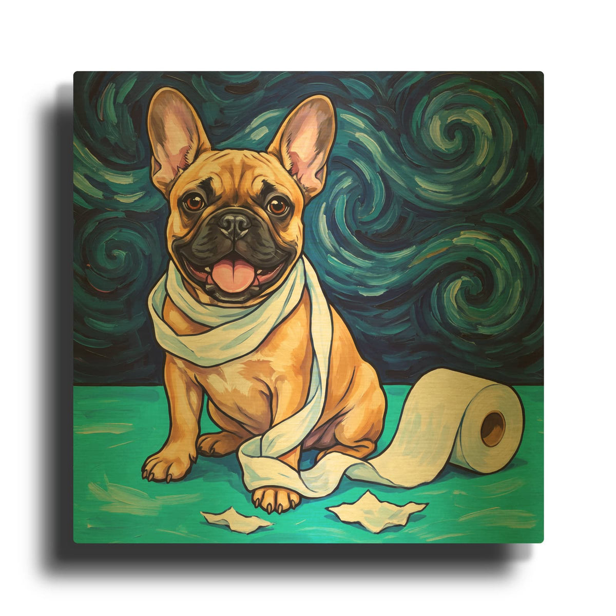 'French Bulldog Caught Unrolling' By Veve Gold Metal Wall Art