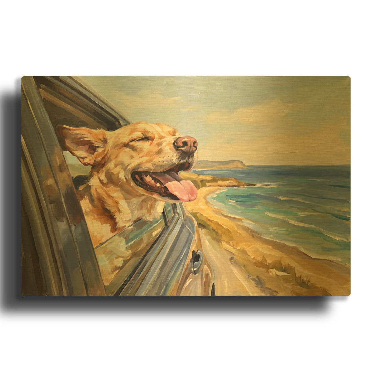 'Golden Retriever Coastal Joyride' By Veve Gold Metal Wall Art