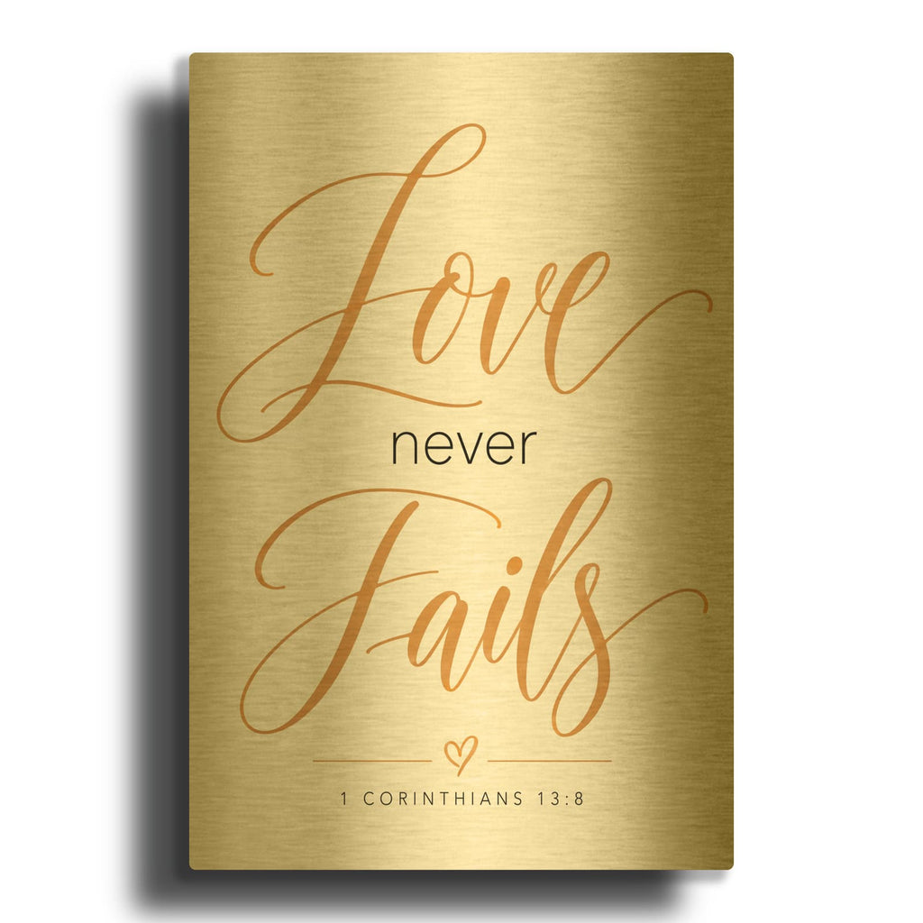 'Love Never Fails - 1 Corinthians 13-8' By Veve Gold Metal Wall Art
