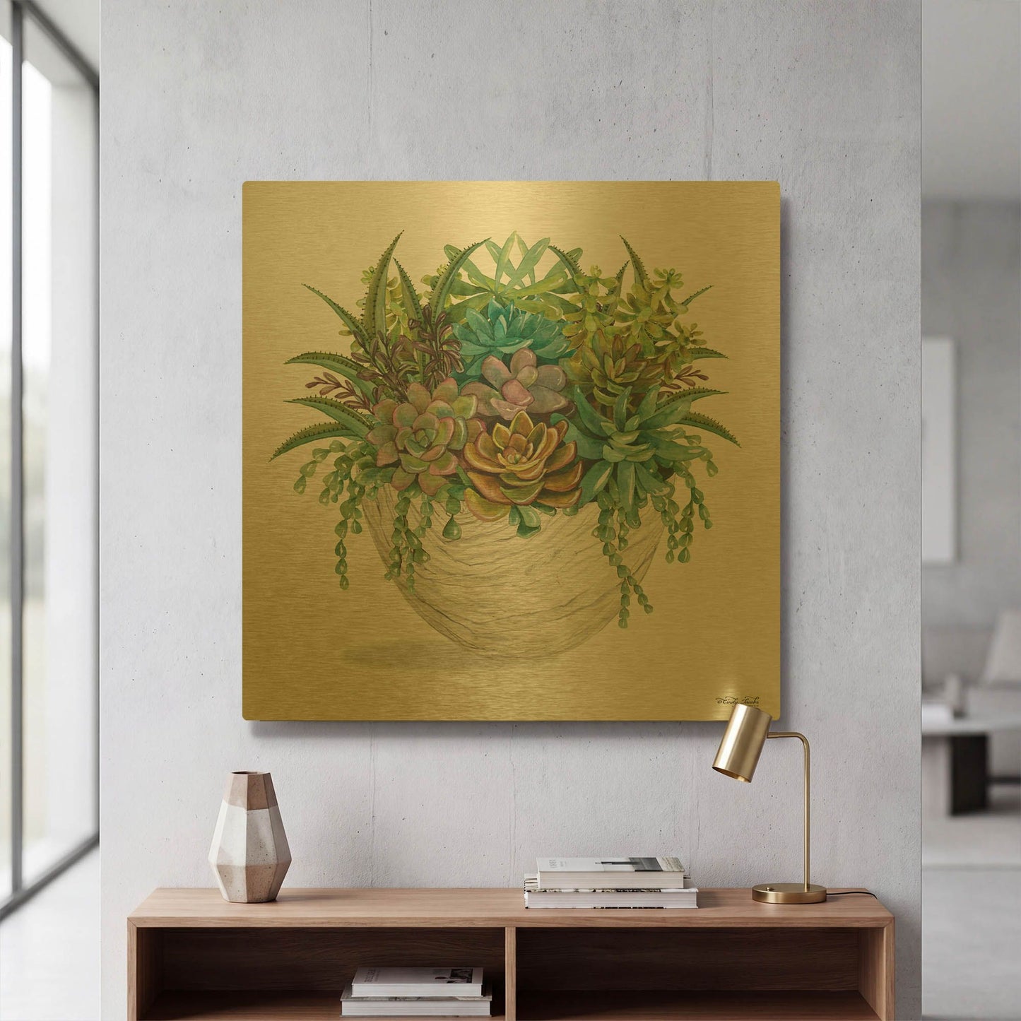 'White Wood Succulent II' By Cindy Jacobs Gold Metal Wall Art