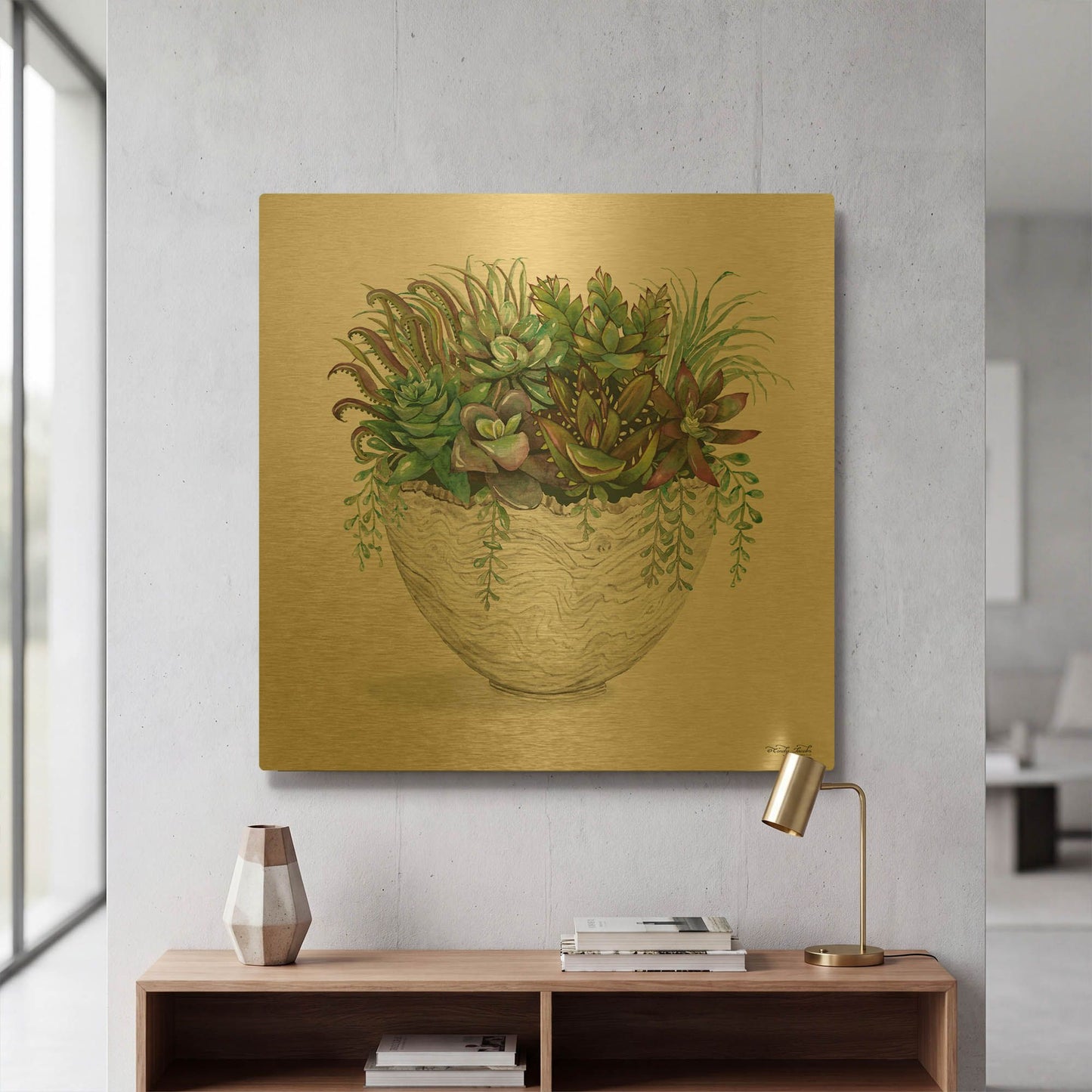 'White Wood Succulent III' By Cindy Jacobs Gold Metal Wall Art