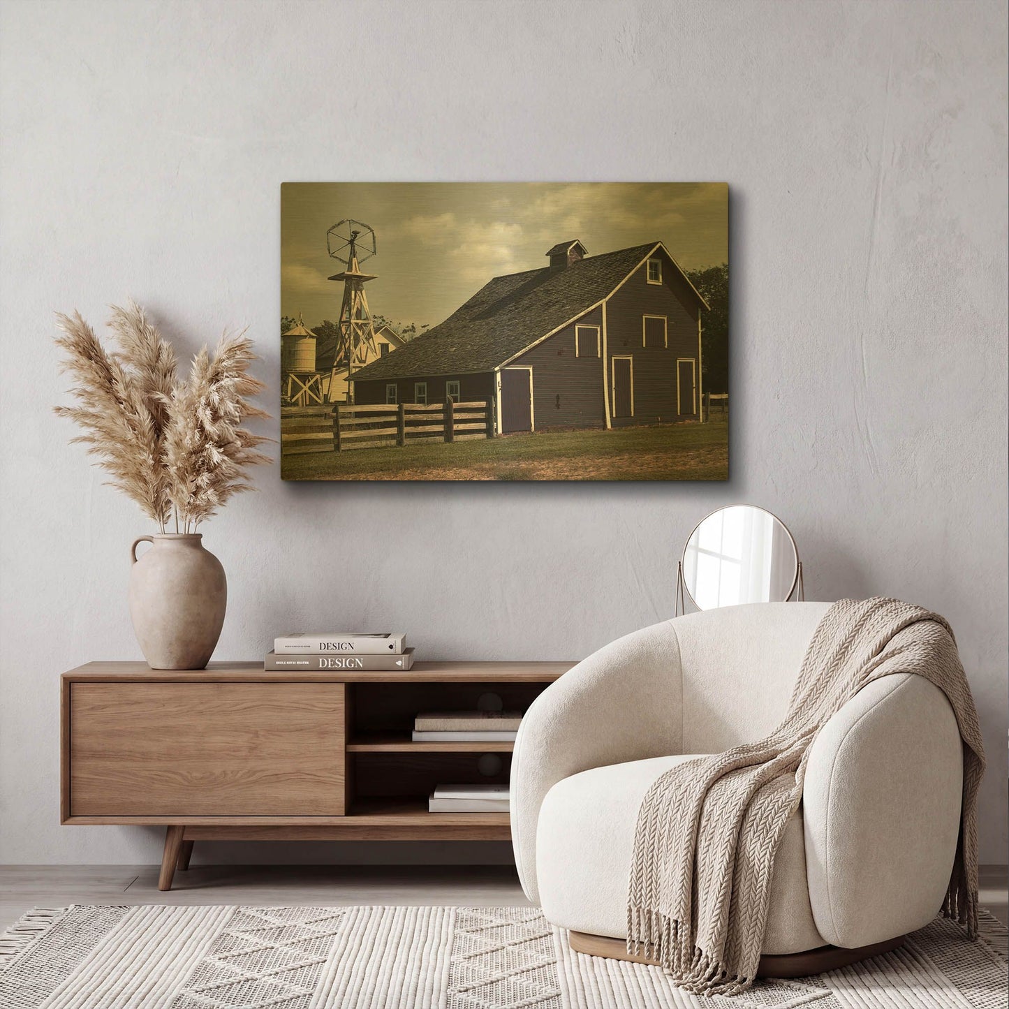 'Blue Barn' By Cindy Jacobs Gold Metal Wall Art