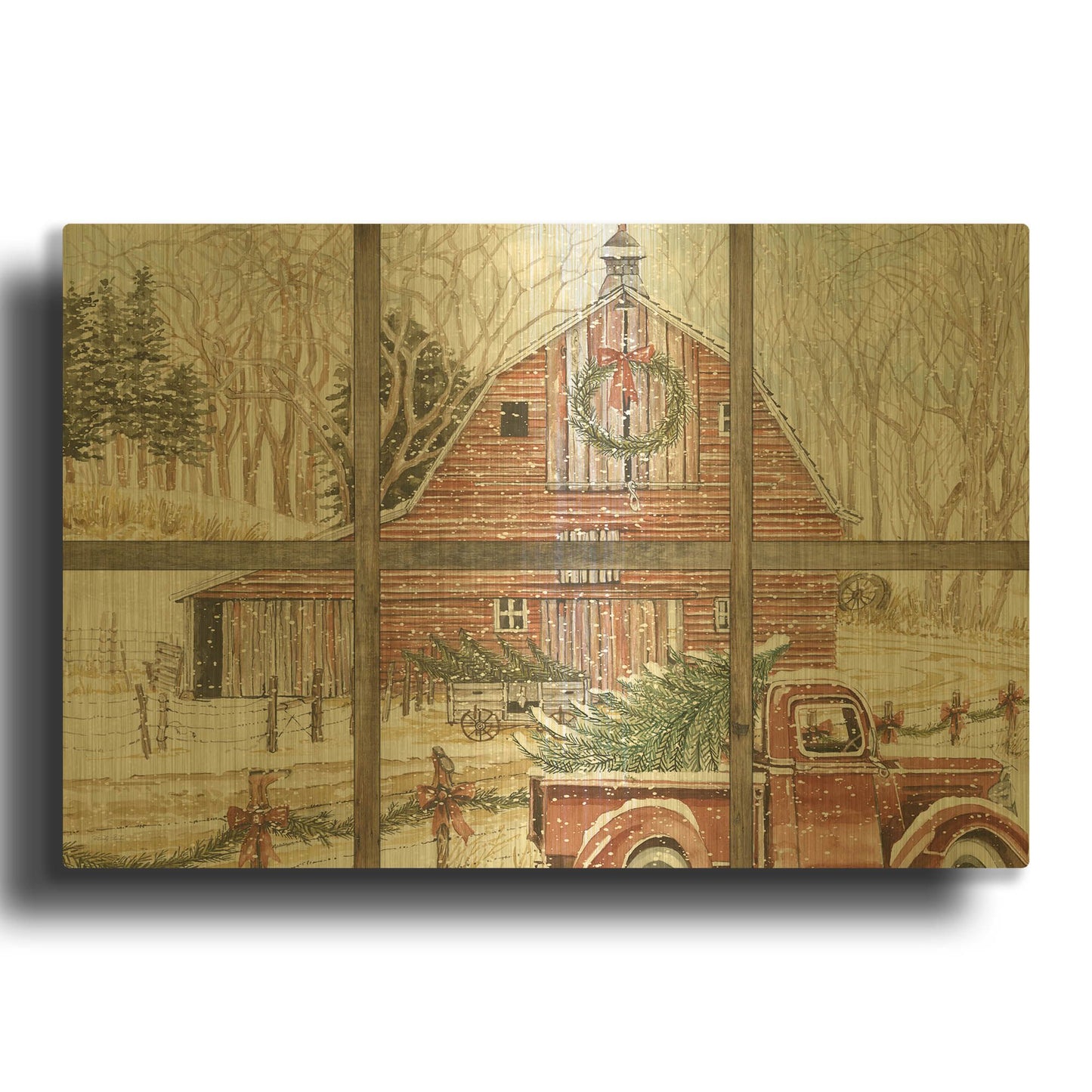'Christmas Barn View' By Cindy Jacobs Gold Metal Wall Art